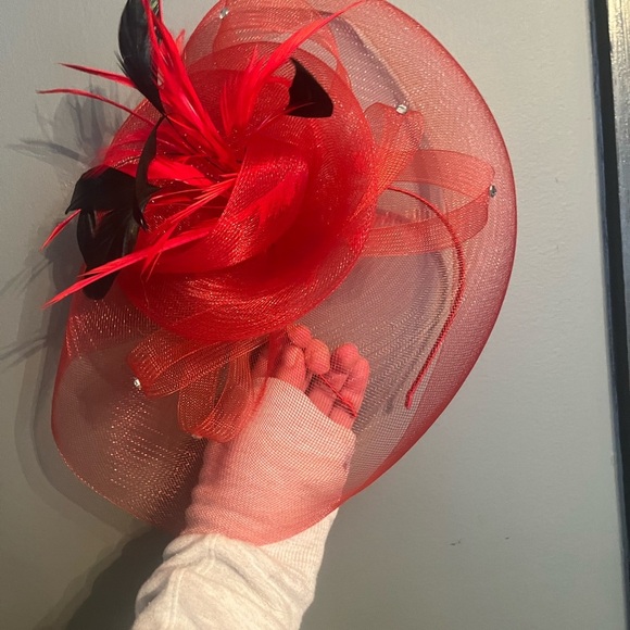 Red headband fascinator headband with feathers Kentucky Derby - Picture 6 of 6